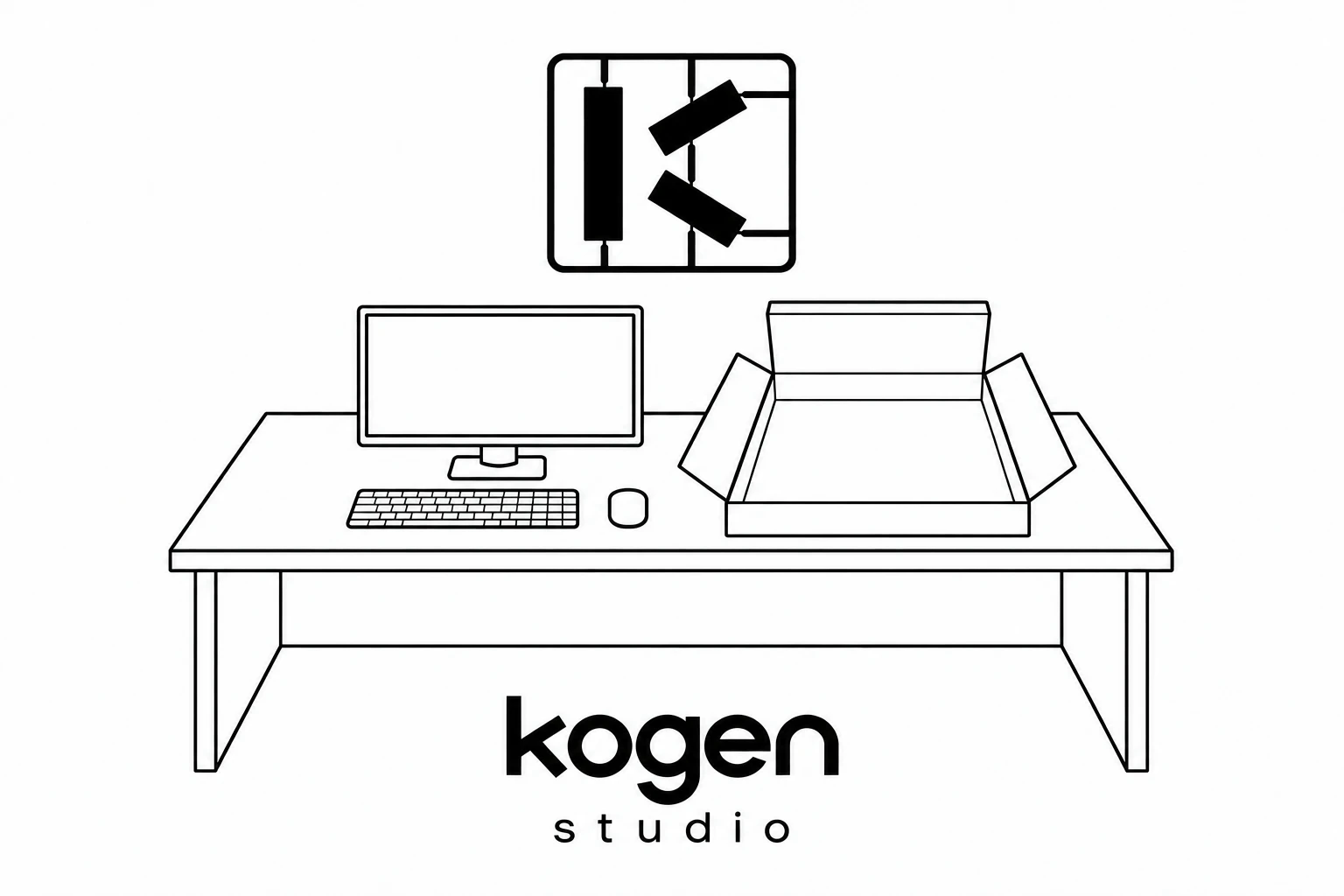 Kogen Studio — a workbench with a monitor and an open box